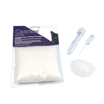 White background with a bag of Catrine cat pearl litter with a sample tube, pipette and pile of the pearl litter pictured next to the bag.