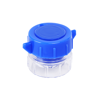 White background with a plastic Kruuse tablet crusher with a blue lid in a closed position.