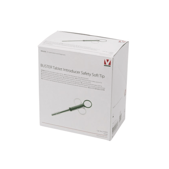 White background with a white box of 10 Kruuse syringe-type Tablet Introducers with safety soft tips.