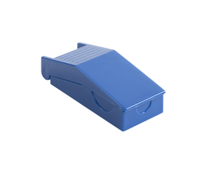 White background with a blue plastic Kruuse tablet splitter in a closed position.