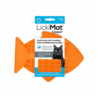 White background with a orange fish shaped LickiMat Casper slow feeder mat with a ridged and bobbled surface, shaped like a fish bone. The Casper mat is in blue and white cardboard packaging with a cat pictured on the packet.