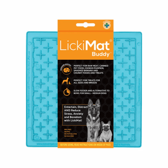 White background with a Turquoise LickiMat Buddy slow feeder mat with a criss-cross surface. The Playdate mat is in black and orange packaging cardboard packaging.