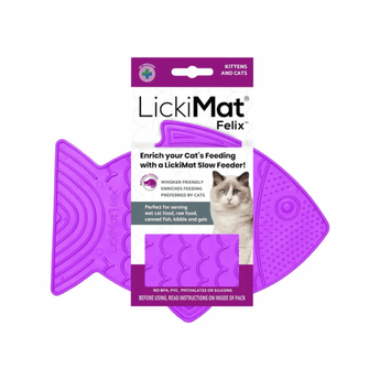 White background with a purple fish shaped LickiMat Felix slow feeder mat with a scaly surface. The Felix mat is in purple and white cardboard packaging with a cat pictured on the packet.