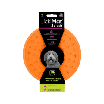 White background with a orange LickiMat Splash slow feeder with a criss-cross internal surface. The Splash bowl is in black cardboard packaging.