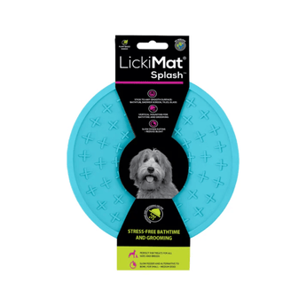 White background with a turquoise LickiMat Splash slow feeder with a criss-cross internal surface. The Splash bowl is in black cardboard packaging.