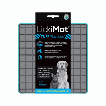 White background with a turquoise LickiMat Tuff Playdate slow feeder mat with a grey square grid surface. The Playdate mat is in black and blue packaging cardboard packaging.