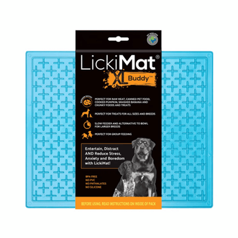 White background with a turquoise LickiMat XL Buddy slow feeder mat with a criss-cross surface. The Playdate mat is in black and orange packaging cardboard packaging.