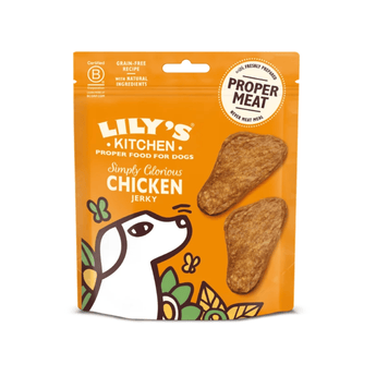 A package of Lily's Kitchen Proper Meat Simply Glorious Chicken Jerky dog treats, featuring an orange stand-up pouch with illustrations of a dog and two visible brown jerky pieces, on a white background.