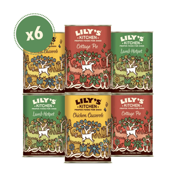 Six Lily's Kitchen Classic Dinners two of each flavour Cottage Pie, Chicken Casserole and Lamb Hotpot, stacked on a white background.