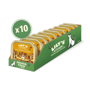 A green display box of Lily's Kitchen dog food, containing ten individual trays of Great British Breakfast dog food. The packaging features a green cardboard display box with white and black branding, and yellow-orange dog food pouches visible inside.