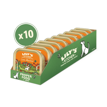 A green display box of Lily's Kitchen Lean Machine dog food, filled with multiple individual trays. The cans have orange labels with illustrations of a white dog.