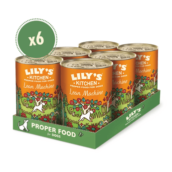 A 6-pack display tray of Lily's Kitchen Lean Machine lean meat canned dog food, featuring orange labels with a whimsical dog and flower illustration, set against a plain white background with a green 'x6' badge.