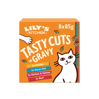 A box of Lily's Kitchen Tasty Cuts in Gravy cat food, featuring an orange background with a white cartoon cat, a paw, and coloured labels for different meat flavours.