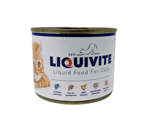 White background with a 190g can of Liquivite Liquid Feed for Cats pictured, on the tin is a picture of a ginger tabby cat.