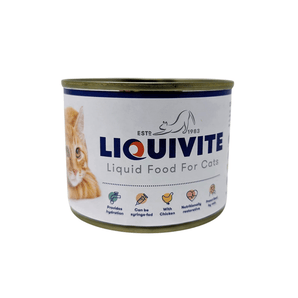 White background with a 190g can of Liquivite Liquid Feed for Cats pictured, on the tin is a picture of a ginger tabby cat.