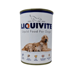 White background with a can of Liquivite Liquid Feed for Dogs pictured, on the tin is a picture of a golden retriever with three puppies.
