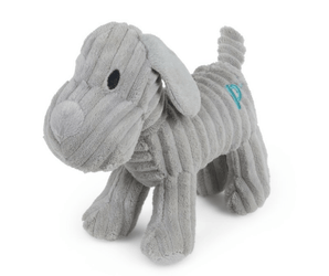 Grey dog dog toy made from soft cord effect fleece material with black stitch eye detail and blue 'PF' stitched on hip, standing on a white background.