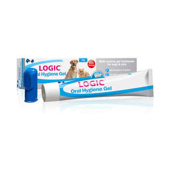 Logic Oral Hygiene Gel for dogs and cats, showing the white and blue squeeze tube, the blue applicator tip, and the retail box on a white background.