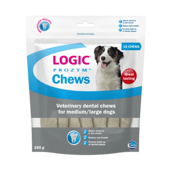 White background with a packet of Logic Prozym Dental Chews for Dogs, on the packet is a an adult collie dog. Below text says 'Veterinary dental chews for medium/large dogs'.