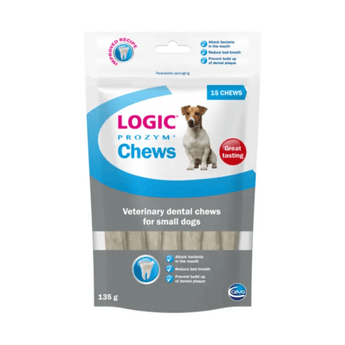 White background with a packet of Logic Prozym Dental Chews for Dogs, on the packet is a an adult Jack Russell dog. Below text says 'Veterinary dental chews for small dogs'.