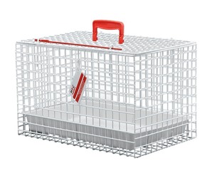 White background with a white mesh MDC cat carrier with a white tray inside and a red handle and pin.