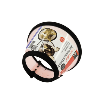 White background with a XS transparent pink Elizabethan style recovery collar with a cat and dog pictured on the label, on a white background.
