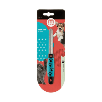 White background with a Mikki Claw File, the blue handle has black pawprints on it and a stainless steel file attached to a cardboard backing.