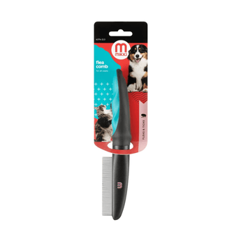 White background with a blue and black Mikki Deluxe Flea Comb with metal teeth, attached to a cardboard backing.