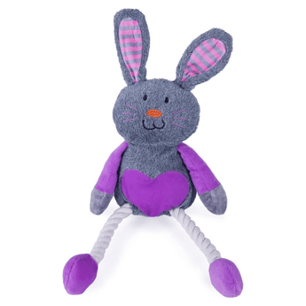 Dark grey plush rabbit dog toy with stitched details of eyes, nose, whiskers and mouth, grey ears with pink stripy fabric on the inside, a purple heart on it's belly, purple arms and white rope legs attached to purple feet pictured on a white background.