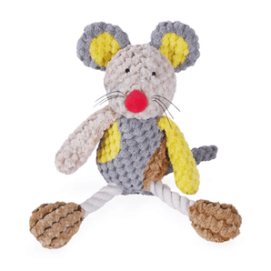 Patchwork Mouse Dog Toy with pale grey face with a red nose and stitched eye details, with string whiskers. Yellow inner ear with dark grey outer. Dark grey body with yellow and brown patches, long rope legs attached to brown feet pictured on a white background.
