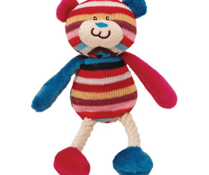 Multi-coloured stripy teddy bear dog toy with stitched eye and mouth details and a blue nose, purply-red and blue ears, arms and feet attached to white rope legs pictured on white background.