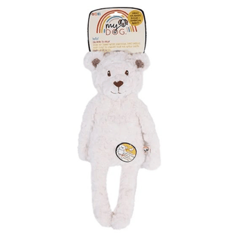 White bear shaped dog toy with long arms and legs, stitched detail eyes, brown nose with tags attached to top and mid-section. Pictured on a white background.