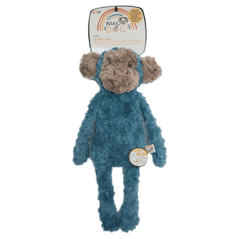 Blue monkey shaped dog toy with long arms and legs, brown face and ears and stitched detail eyes, with tags attached to top and mid-section. Pictured on a white background.