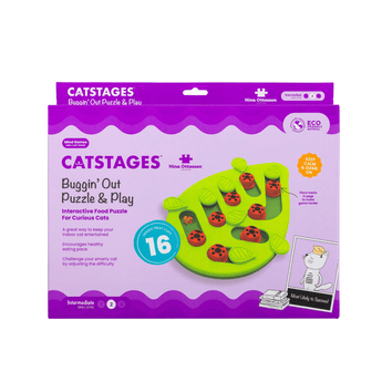 Nina Ottosson Catstages Buggin' Out Puzzle & Play packaging, featuring a purple and lavender box with a green ladybug-themed cat feeder puzzle on the front.
