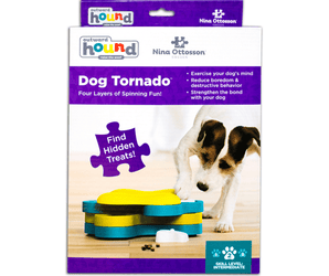 Nina Ottosson Dog Tornado dog puzzle toy in its original retail packaging, featuring a dog playing with the blue and yellow toy.