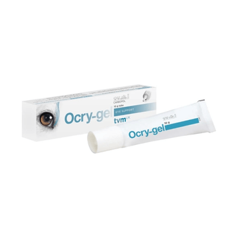Ocry-gel eye lube tube and packaging box on a plain white background. The tube is white with blue text and a blue stripe, and the box features a close-up of a human eye.