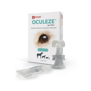 White background with two pipettes of Oculeze Eye drops for Cats, Dogs and Rabbits next to it's box.