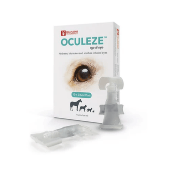 White background with two pipettes of Oculeze Eye drops for Cats, Dogs and Rabbits next to it's box.
