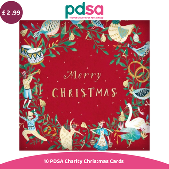 A square red Christmas card design with a festive illustrated border of birds, birds, swans, dancers, and gold decorative elements, with the words 'Merry Christmas' in gold at the center. The image includes a PDSA logo at the top and text at the bottom reading '10 PDSA Charity Christmas Cards' with a purple price badge showing £2.