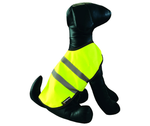 White background with a black model dog wearing a Hi Vis florescent jacket with grey reflective strips.