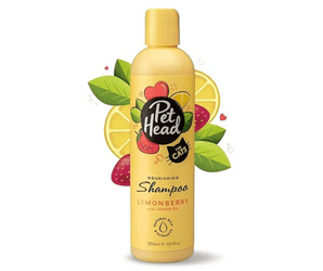 White background with a yellow bottle of Pet Head Nourishing shampoo for cats. On the bottle is illustrated lemons, leaves and strawberries with text 'Nourishing Shampoo, Lemonberry with Lemon oil.'.