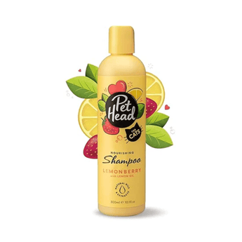 White background with a yellow bottle of Pet Head Nourishing shampoo for cats. On the bottle is illustrated lemons, leaves and strawberries with text 'Nourishing Shampoo, Lemonberry with Lemon oil.'.