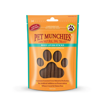 A package of Pet Munchies Natural Dog Treats, Beef Liver Sticks, in an orange stand-up pouch with a pink side border and a clear window showing the brown sticks inside.