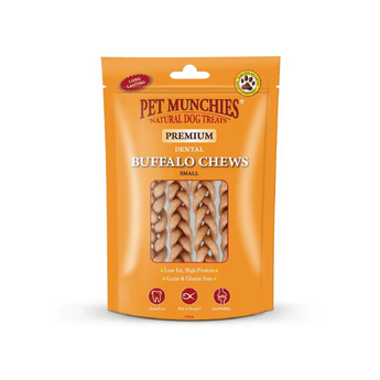 A package of Pet Munchies Natural Dog Treats Premium Buffalo Chews Small, in an orange resealable pouch with a clear window showing the chew sticks inside.