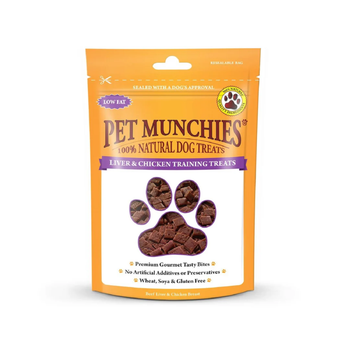 A package of Pet Munchies 100% Natural Dog Treats, Liver & Chicken Training Treats, in a bright orange stand-up pouch with a clear window showing the brown treat pieces inside.