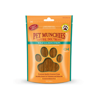 A stand-up pouch of Pet Munchies Salmon Strips dog treats on a plain white background. The packaging is bright orange with a large paw-shaped window showing the salmon strips inside.