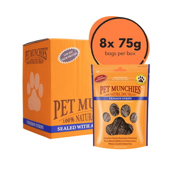 Pet Munchies venison strip dog treats packaging, showing an orange box labelled 'Pet Munchies 100% Natural' and a single orange bag of treats in front, with a circular callout reading '8x 75g bags per box' on a white background.