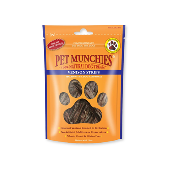 A stand-up pouch of Pet Munchies Venison Strips dog treats on a plain white background. The packaging is bright orange with a large paw-shaped window showing the venison strips inside.