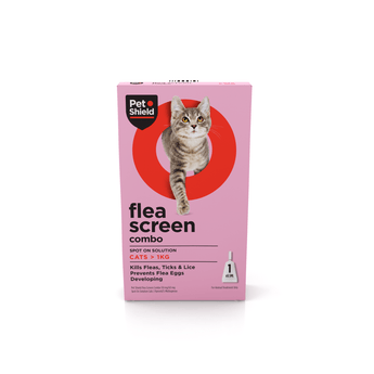 Pet Shield flea screen combo for cats packaging on a white background