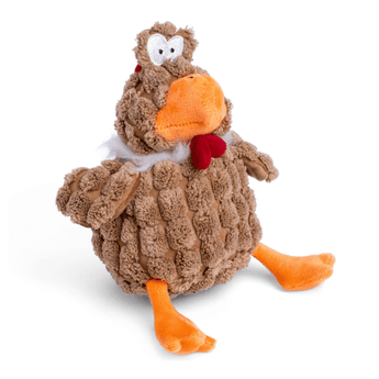 Brown Chicken dog toy with orange beak and feet, red comb and wattle sat on a white back ground.